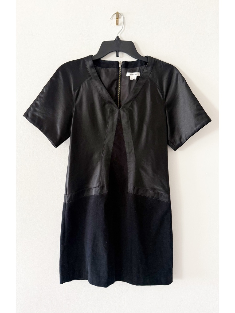 Helmut Lang Black Short Sleeve Contrast Material Satin Felt Mini Dress Size 2